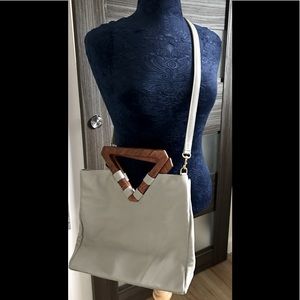 MEI VINTAGE Triangle Tote in light gray. 100% leather with wood handles. NWT.